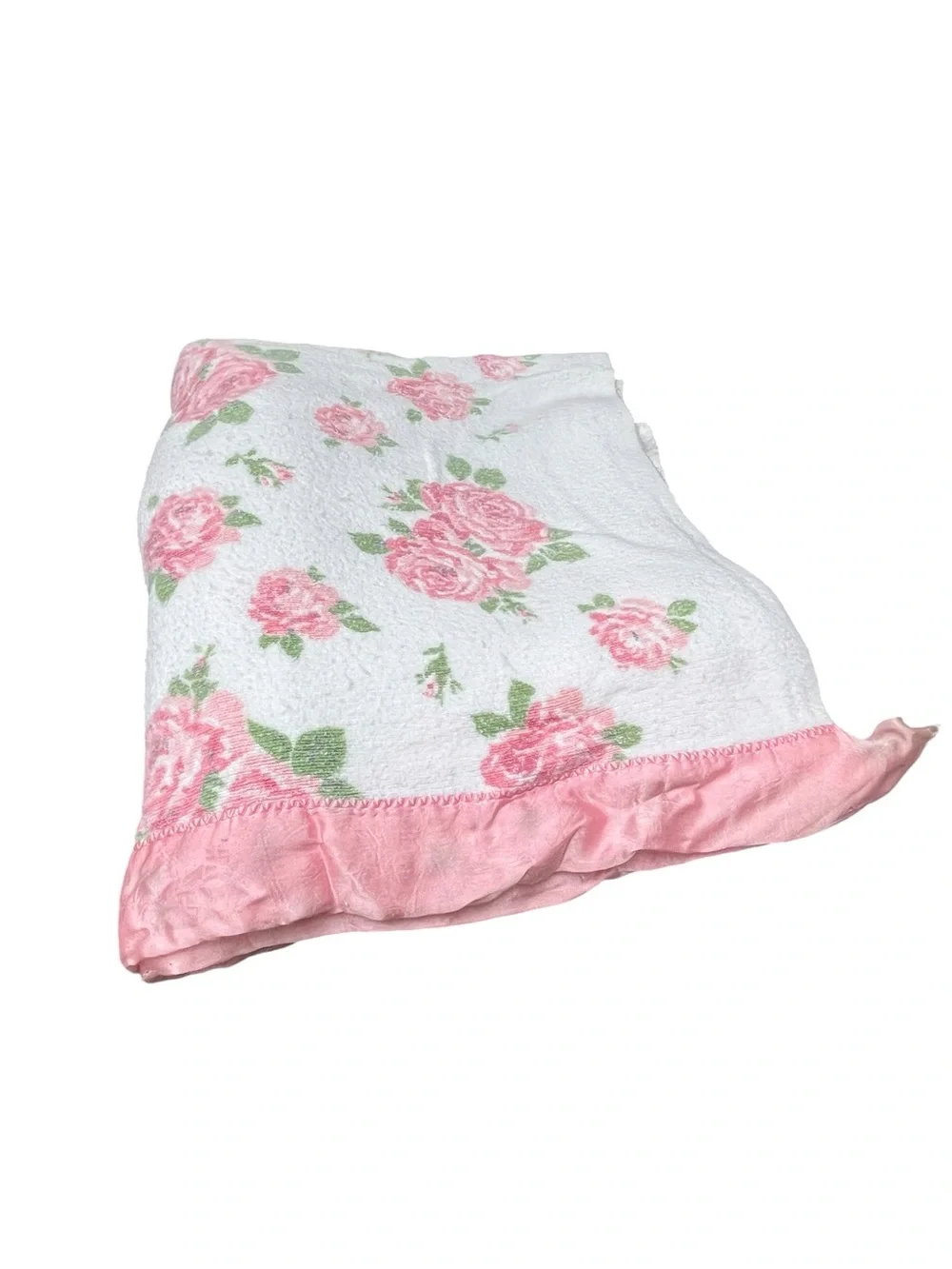 Vintage Shabby Chic Floral Pink Rose Throw Blanket Satin Trim